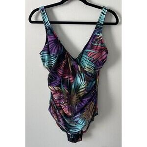 Miradonna By Miraclesuit Swimsuit Women 14 Purple Palm Leaves Wrap Front Cinched